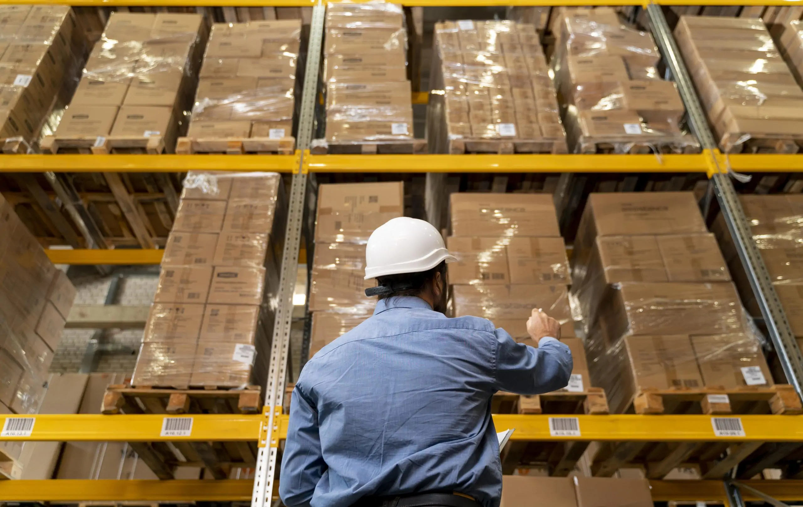 A man wearing workwear and a hard hat stands inside a warehouse, surrounded by industrial equipment and materials.