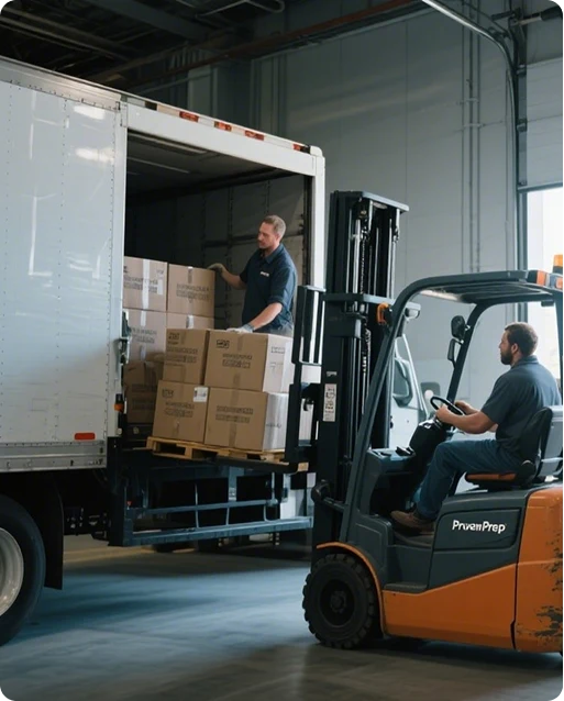 A forklift operator lifts a pallet of cardboard boxes up to a worker who is standing in the back of a delivery truck at a warehouse loading dock.