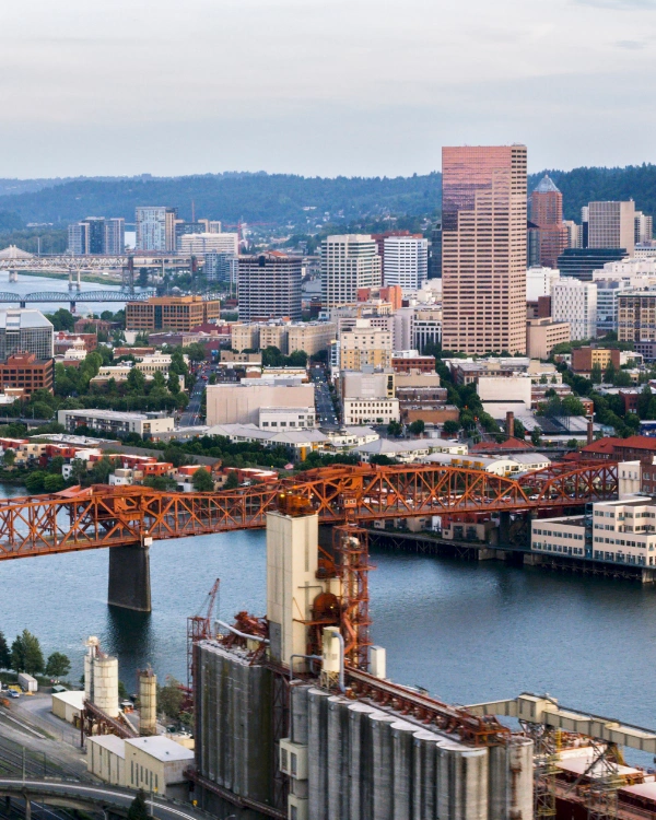 Aerial Portland downtown from East Portland.