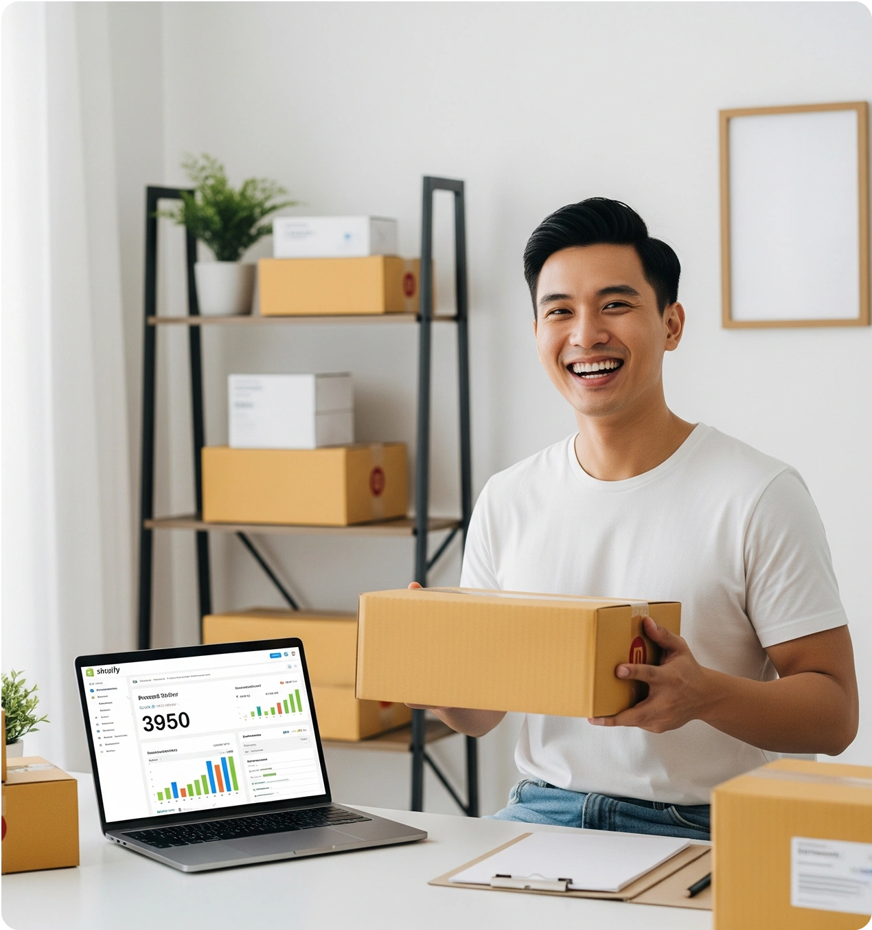 Smiling man holds a box in his home office with a laptop showing business data.