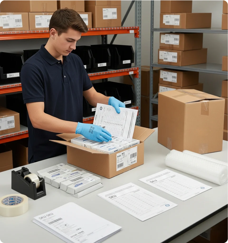 A young man wearing blue gloves packs papers into a brown cardboard box on a table with shipping supplies in a warehouse with shelves of boxes and containers in the background.