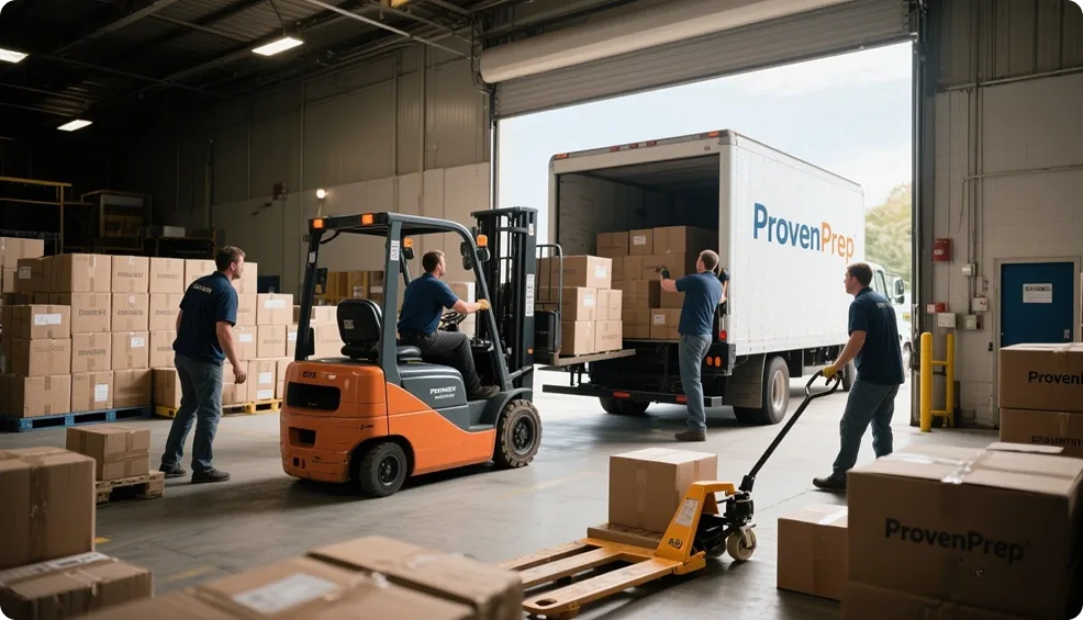 A team of workers in a large warehouse use an orange forklift and a pallet jack to load stacks of cardboard boxes onto a delivery truck at a loading dock.