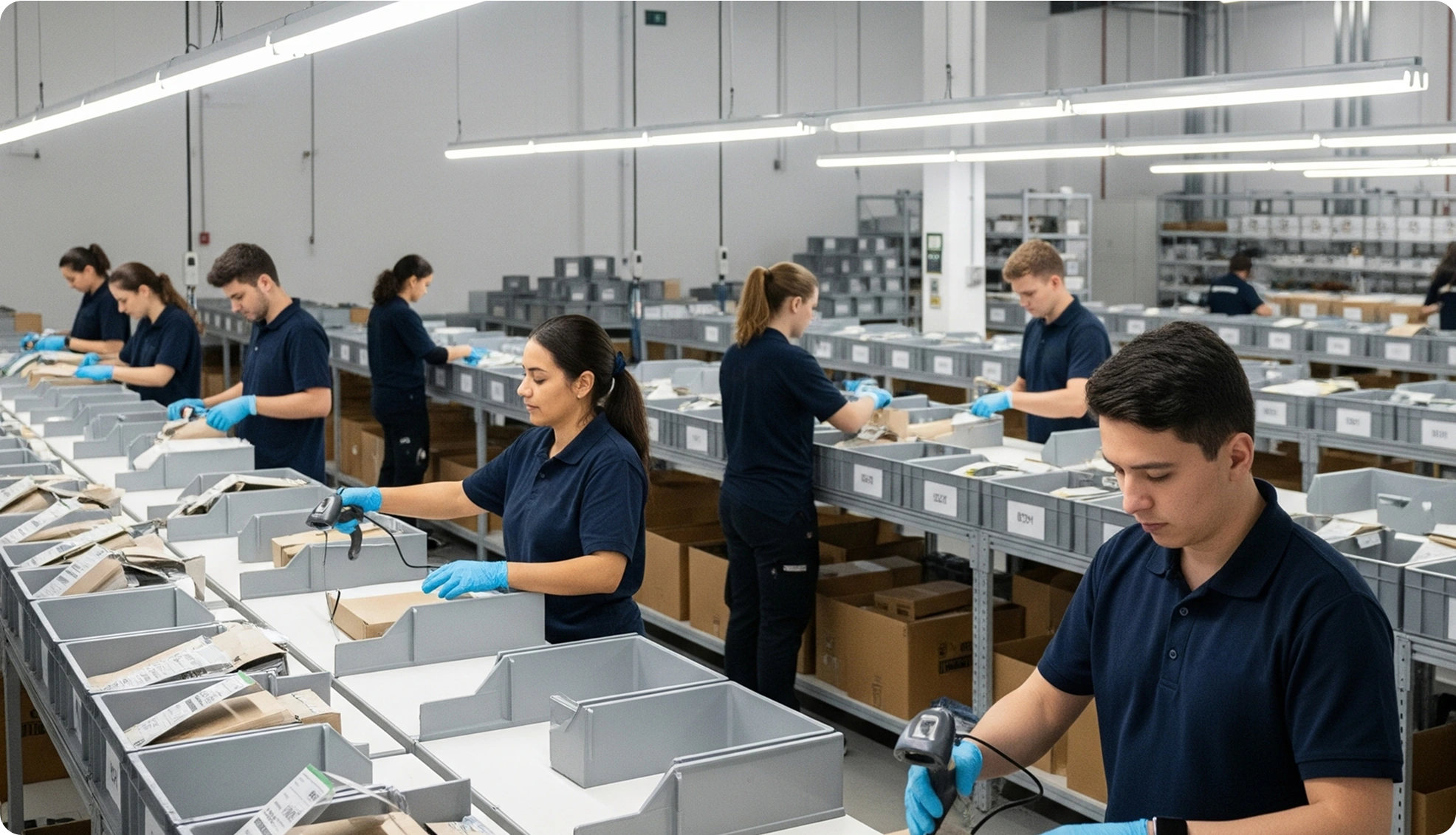 A diverse team of workers in blue uniforms and gloves sort mail and small packages into grey bins at individual stations in a well-lit warehouse, using handheld barcode scanners.
