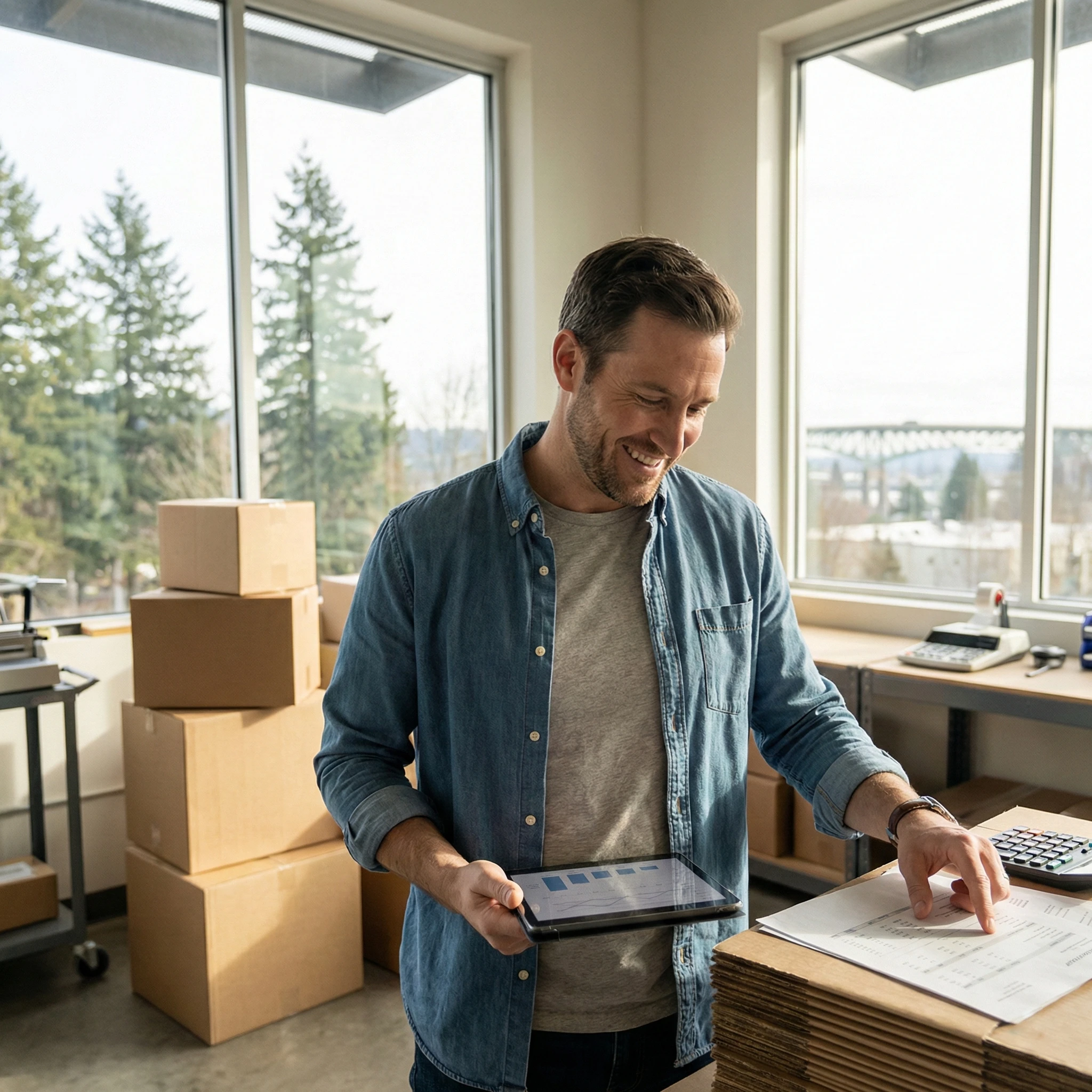 A person holding a tablet and happily looking to a clipboard.