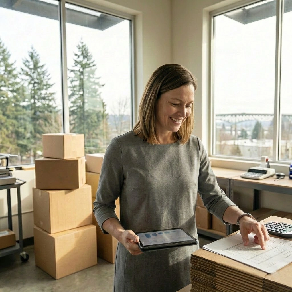 A smiling fulfillment manager reviewing inventory data on a tablet inside an Oregon logistics center, with shipping boxes and Pacific Northwest scenery in the background.
