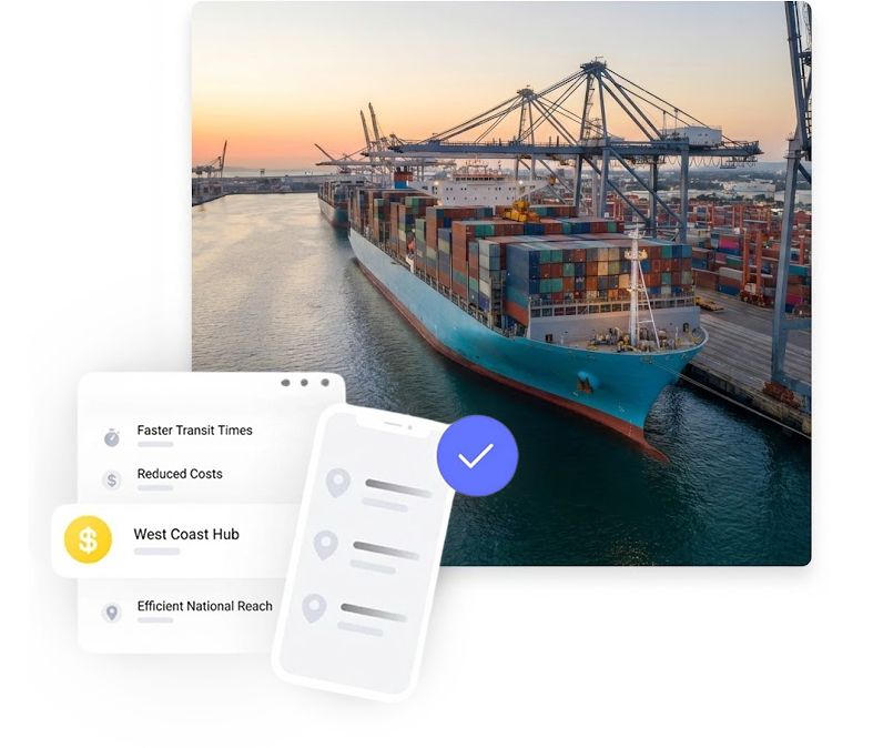 Large container ship at a West Coast port illustrating efficient Oregon fulfillment and national shipping logistics with faster transit times.