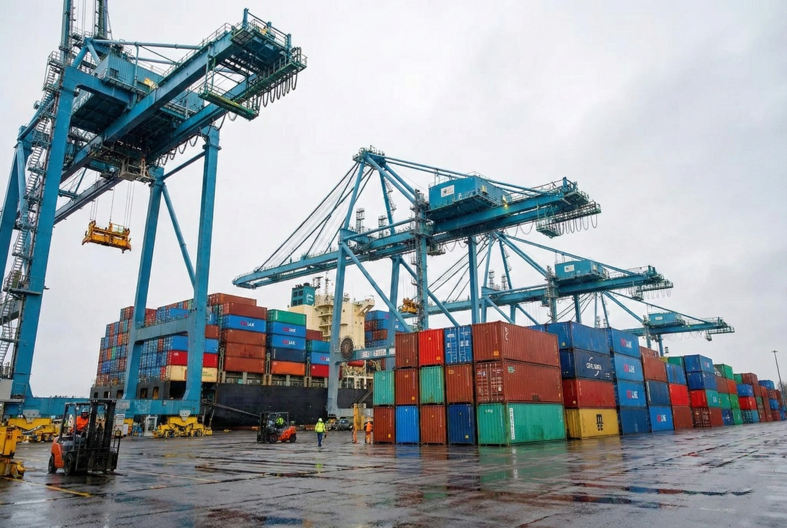 Industrial shipping port with container ships and cranes illustrating West Coast freight coordination and shipping reach for Oregon distribution.