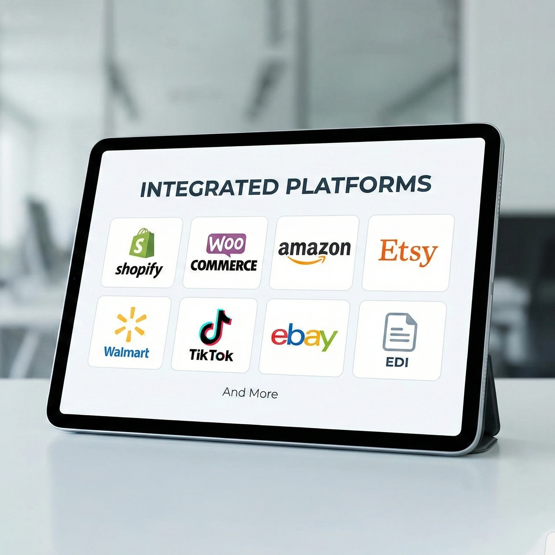 Various e-commerce platforms displayed on tablet.