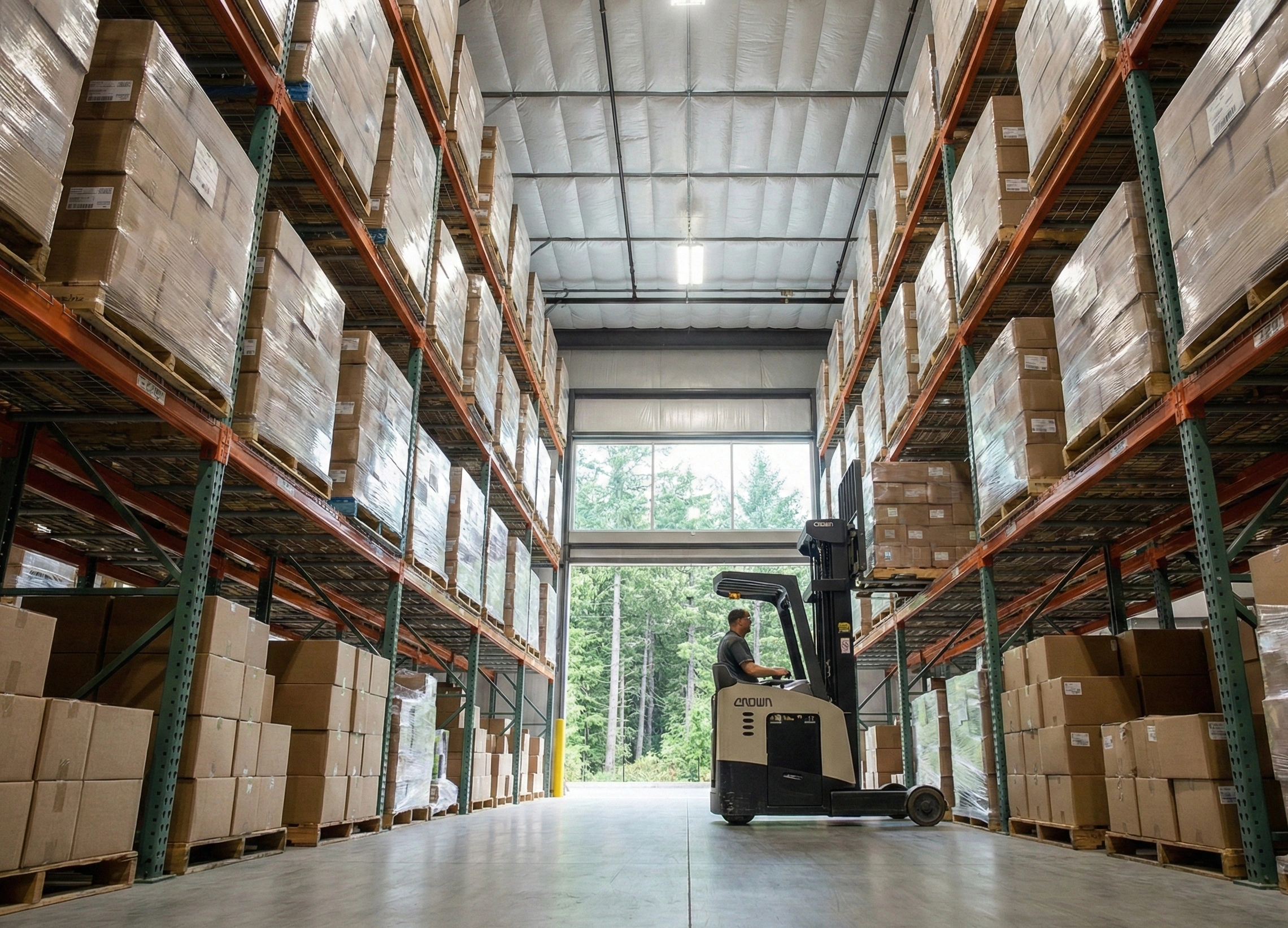 A forklift operator moving palletized inventory in a secure, high-ceiling Oregon warehouse facility with climate-controlled storage racks and Pacific Northwest views.