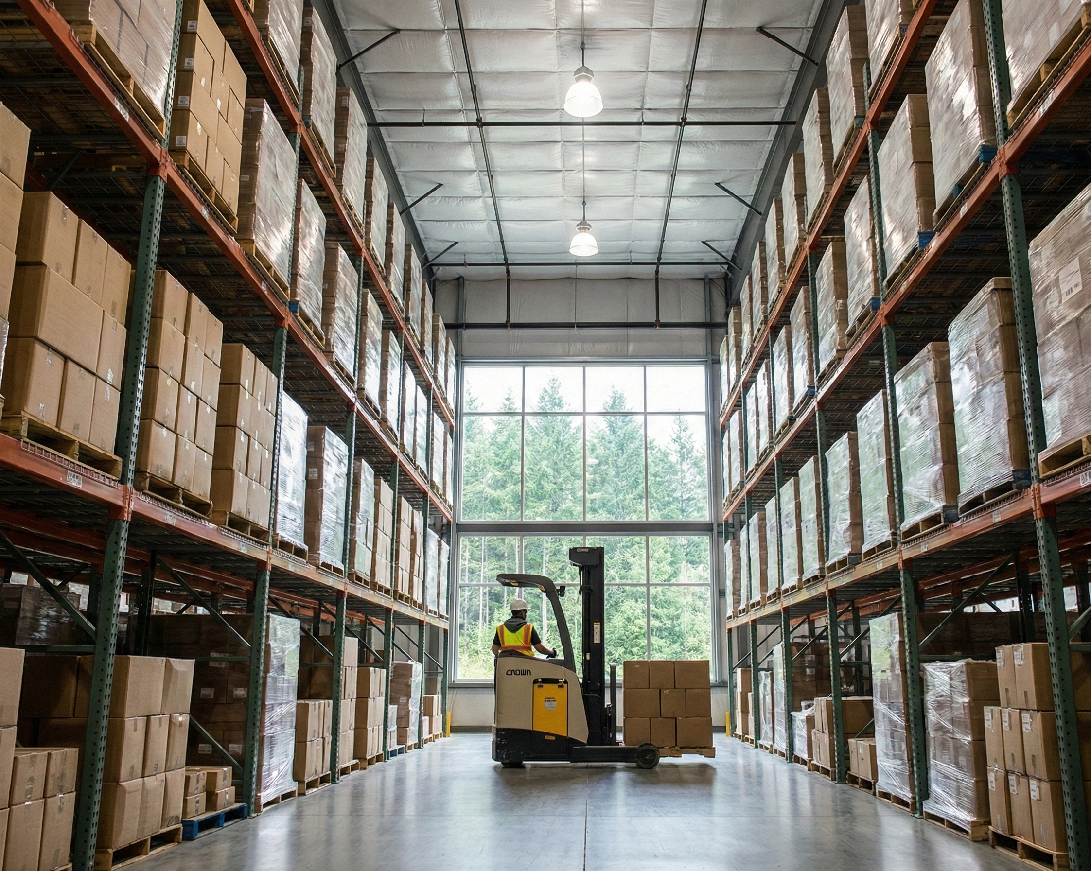 A warehouse worker operating a stand-up forklift in a high-ceiling Oregon distribution center lined with organized inventory pallets and storage racks.